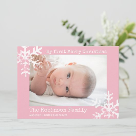 ベビー初めてのクリスマスのピンクの写真（雪片） シーズンカード (スタンド正面)
