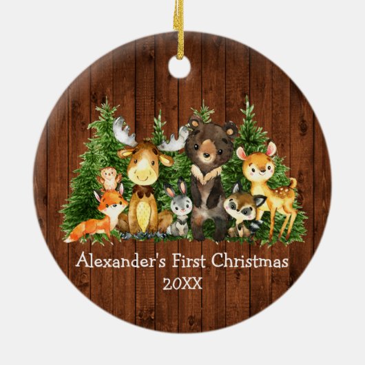 ベビー初めてのクリスマスの森の動物の周素朴り セラミックオーナメント (裏面)