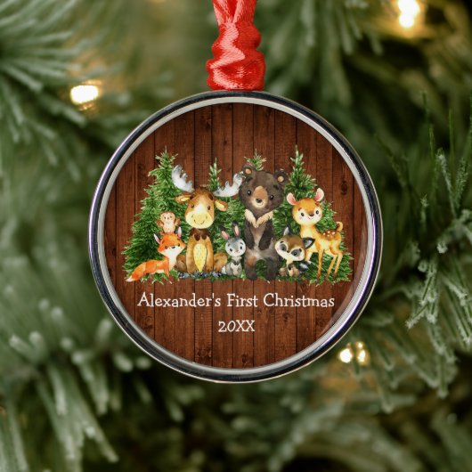 ベビー初めてのクリスマスの森の動物の周素朴り メタルオーナメント (ツリー)