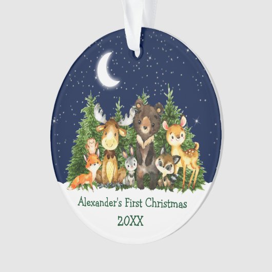 ベビー初めてのクリスマスの森の動物 – フォトバック オーナメント (正面)