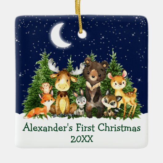 ベビー初めてのクリスマスの森の動物 – フォトバック セラミックオーナメント (正面)