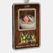 ベビー初めてのクリスマスの森林動物写真 シルバープレートフレームオーナメント (右)