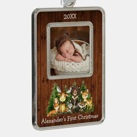 ベビー初めてのクリスマスの森林動物写真 シルバープレートフレームオーナメント