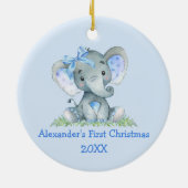 ベビー初めてのクリスマスウォーターカラーエレファントブルーボウ セラミックオーナメント (裏面)