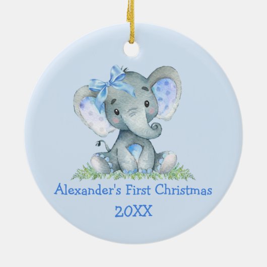 ベビー初めてのクリスマスウォーターカラーエレファントブルーボウ セラミックオーナメント (裏面)