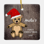 ベビー初めてのクリスマスウッドテディベアサンタハット セラミックオーナメント (正面)