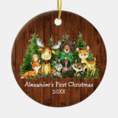 ベビー初めてのクリスマスウッドフォレストアニマルズグリーンボウ セラミックオーナメント (正面)