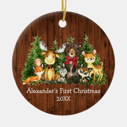 ベビー初めてのクリスマスウッドフォレストアニマルズレッドボウ セラミックオーナメント (正面)