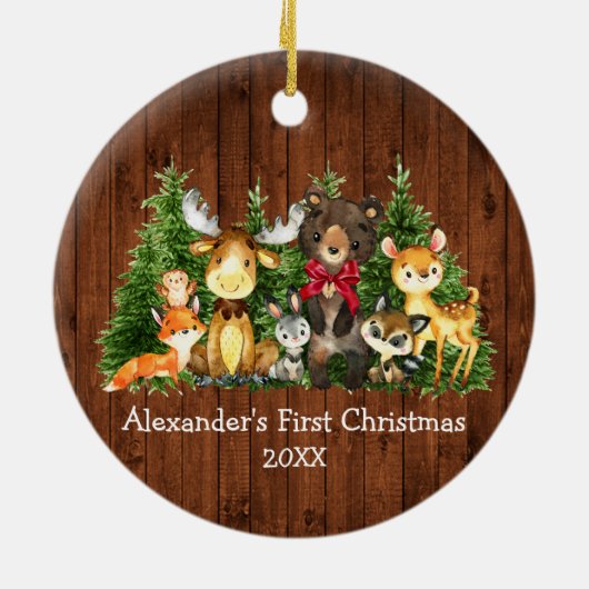 ベビー初めてのクリスマスウッドフォレストアニマルズレッドボウ セラミックオーナメント (裏面)