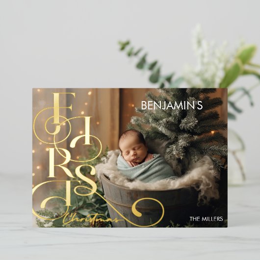 ベビー初めてのクリスマスエレガントタイポグラフィ1写真 箔シーズンカード (立ち正面)