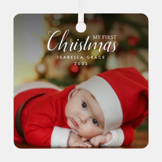 ベビー初めてのクリスマスエレガントモダン写真Keepsake メタルオーナメント (正面)