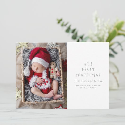 ベビー初めてのクリスマスエレガント灰色の木の写真 シーズンカード (スタンド正面)
