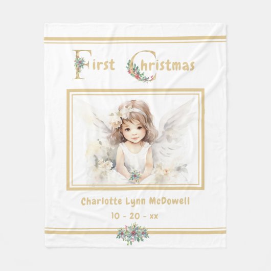 ベビー初めてのクリスマスエンジェル金ゴールドホワイトクリスマス フリースブランケット (正面)