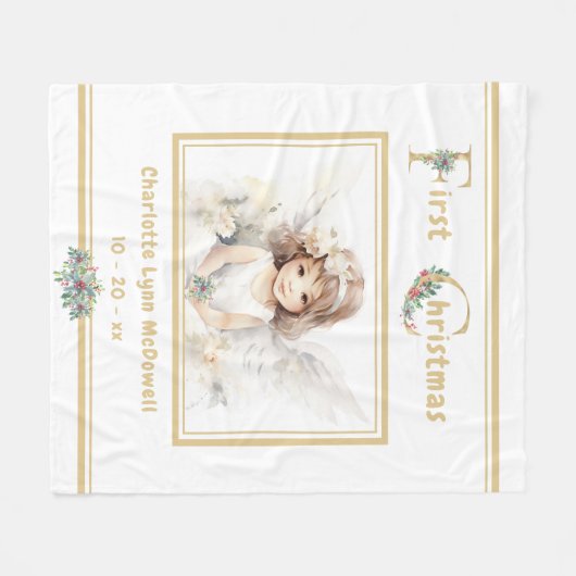 ベビー初めてのクリスマスエンジェル金ゴールドホワイトクリスマス フリースブランケット (正面(横))