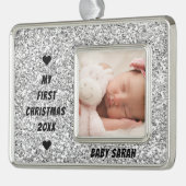 ベビー初めてのクリスマスカスタムの写真と名前のグリッター シルバープレートフレームオーナメント (左)
