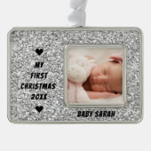 ベビー初めてのクリスマスカスタムの写真と名前のグリッター シルバープレートフレームオーナメント (正面)