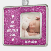ベビー初めてのクリスマスカスタムの写真と名前のグリッター シルバープレートフレームオーナメント (左)