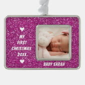 ベビー初めてのクリスマスカスタムの写真と名前のグリッター シルバープレートフレームオーナメント (正面)