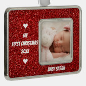 ベビー初めてのクリスマスカスタムの写真と名前グリッター シルバープレートフレームオーナメント (右)