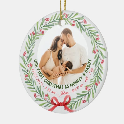 ベビー初めてのクリスマスカスタム2 – 写真および誕生の統計 セラミックオーナメント (左)