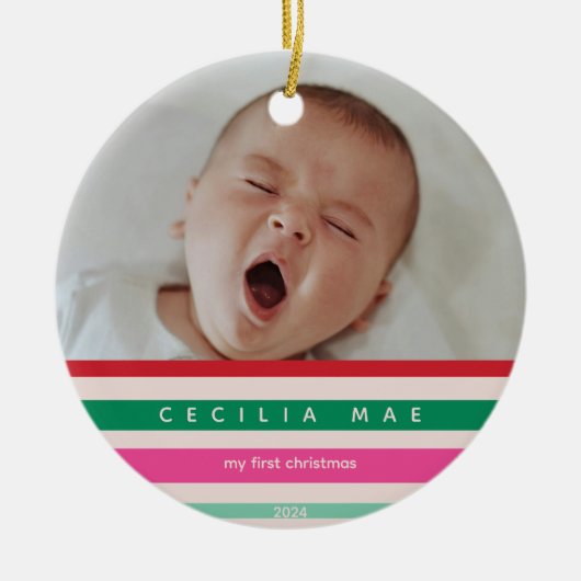 ベビー初めてのクリスマスカラフルホリデーストライプズ セラミックオーナメント (正面)
