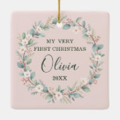 ベビー初めてのクリスマスクラシックフローラフレームピンク セラミックオーナメント (裏面)