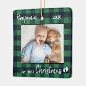 ベビー初めてのクリスマスグリーンバッファロープレイド写真 セラミックオーナメント (左)