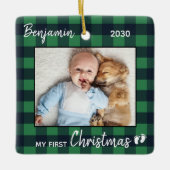 ベビー初めてのクリスマスグリーンバッファロープレイド写真 セラミックオーナメント (正面)
