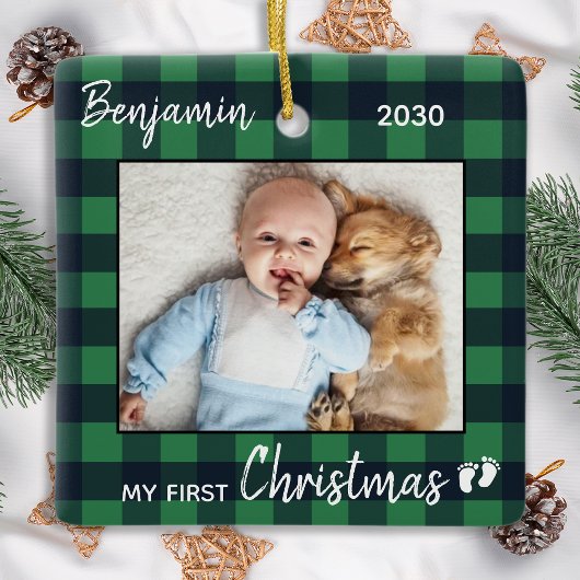 ベビー初めてのクリスマスグリーンバッファロープレイド写真 セラミックオーナメント