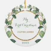 ベビー初めてのクリスマスグリーンリー金ゴールドユーカリ セラミックオーナメント (裏面)