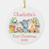 ベビー初めてのクリスマスサファリアニマルズピンクラウンド セラミックオーナメント (正面)