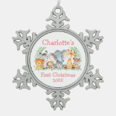 ベビー初めてのクリスマスサファリアニマルズピンク スノーフレークピューターオーナメント (正面)