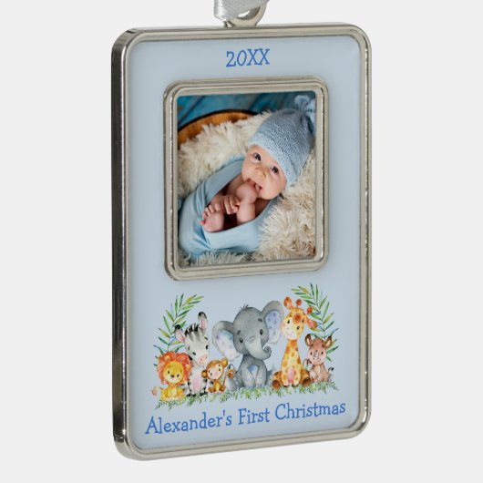 ベビー初めてのクリスマスサファリアニマルズフォトブルー シルバープレートフレームオーナメント (右)