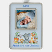 ベビー初めてのクリスマスサファリアニマルズフォトブルー シルバープレートフレームオーナメント (正面)