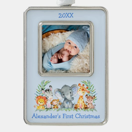 ベビー初めてのクリスマスサファリアニマルズフォトブルー シルバープレートフレームオーナメント (正面)