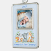 ベビー初めてのクリスマスサファリアニマルズフォトブルー シルバープレートフレームオーナメント (左)