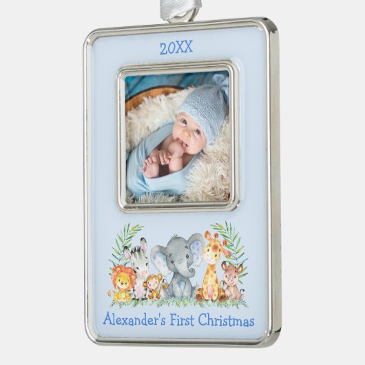ベビー初めてのクリスマスサファリアニマルズフォトブルー シルバープレートフレームオーナメント (左)