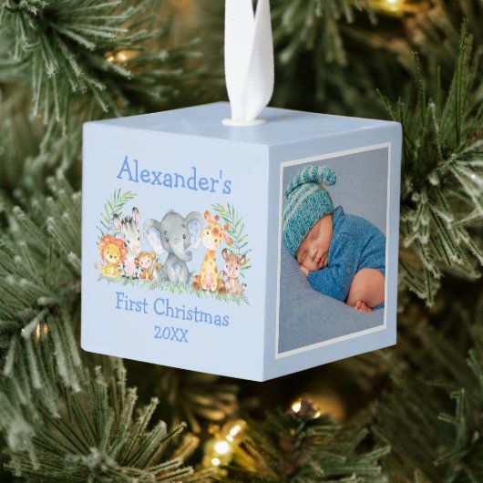 ベビー初めてのクリスマスサファリアニマルズブルー写真 キューブオーナメント (ツリー)