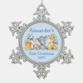 ベビー初めてのクリスマスサファリアニマルズブルー スノーフレークピューターオーナメント (正面)