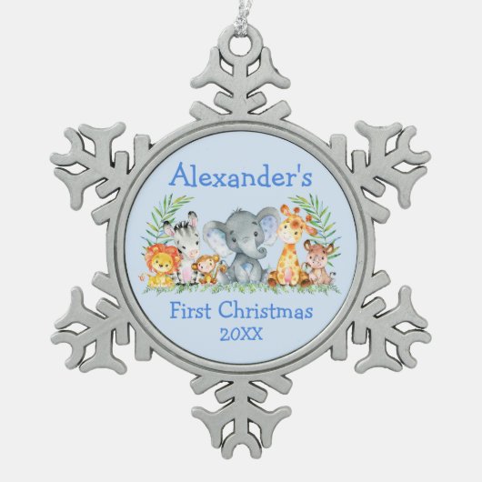 ベビー初めてのクリスマスサファリアニマルズブルー スノーフレークピューターオーナメント (正面)