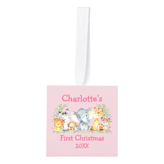 ベビー初めてのクリスマスサファリ動物ピンクの写真 キューブオーナメント (正面)