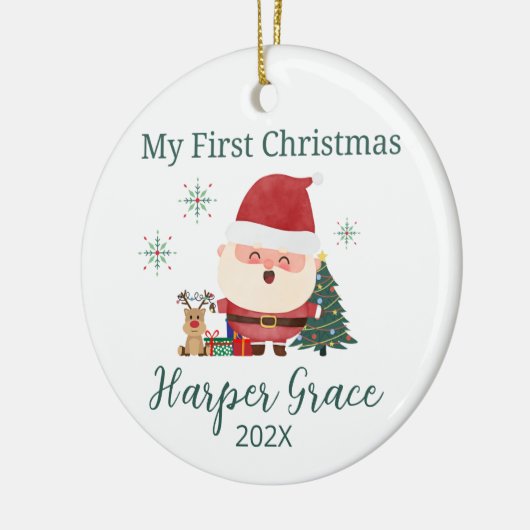 ベビー初めてのクリスマスサンタトナカイパーソナライズされた セラミックオーナメント (左)