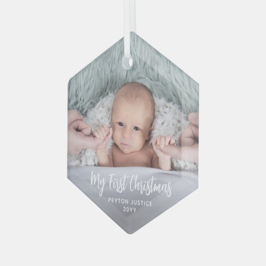 ベビー初めてのクリスマスシンプル1フォトホワイトスクリプト ガラスオーナメント (正面左)