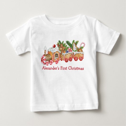 ベビー初めてのクリスマスジンガーブレッドトレインレッドキャンディ ベビーTシャツ (正面)