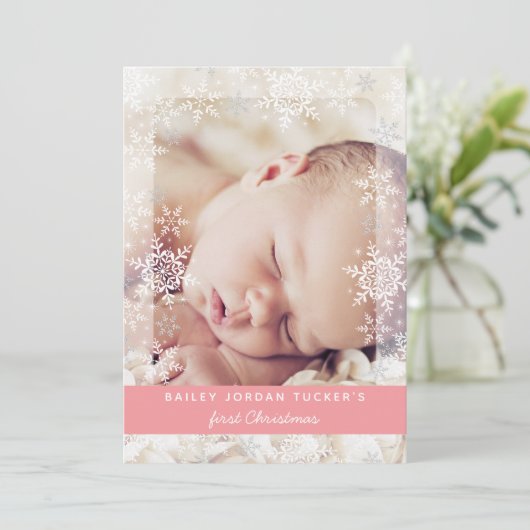 ベビー初めてのクリスマススノーフレークスピンクフォト誕生 案内状 (スタンド正面)