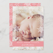 ベビー初めてのクリスマススノーフレークスピンクフォト誕生 案内状 (正面/裏面)