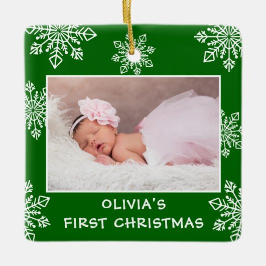 ベビー初めてのクリスマススノーフレーク2フォトグリーン セラミックオーナメント (正面)