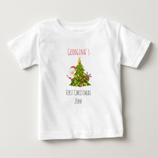 ベビー初めてのクリスマスツリパーソナライズされたーサンタ ベビーTシャツ (正面)