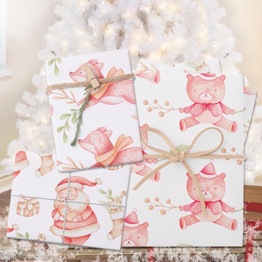 ベビー初めてのクリスマステディベアレッドキツネ&サンタ ラッピングペーパーシート