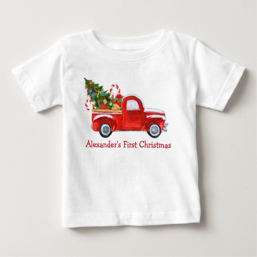 ベビー初めてのクリスマストラックキャンディーレッド ベビーTシャツ (正面)